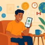 International student sitting in a cozy room, smiling while holding a smartphone showing a "transfer successful" notification, with Canadian currency icons, globe, and Canada-India flags in the background.