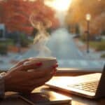 A person successfully settled in Canada holds a cup of coffee, symbolizing the achievement of their immigration journey, with their Canadian passport and laptop on a desk.