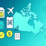 Canada map with eSIM, QR-activation phone, airplane, student backpack, signal bars, dollar coin, and checklist — hero image for “Best SIM Card in Canada for International Students (2025).