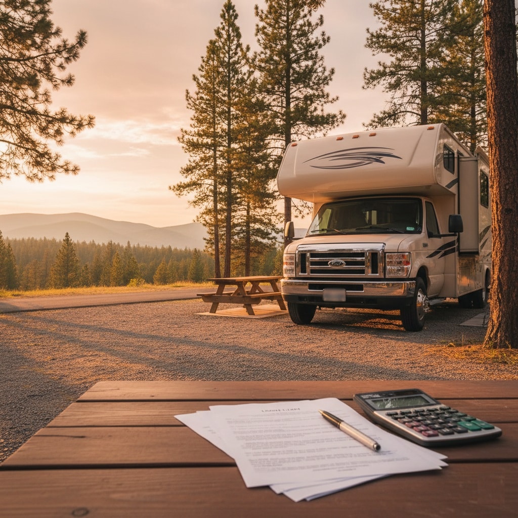 Class C RV at a campground with loan paperwork and calculator on a table; clean space for headline